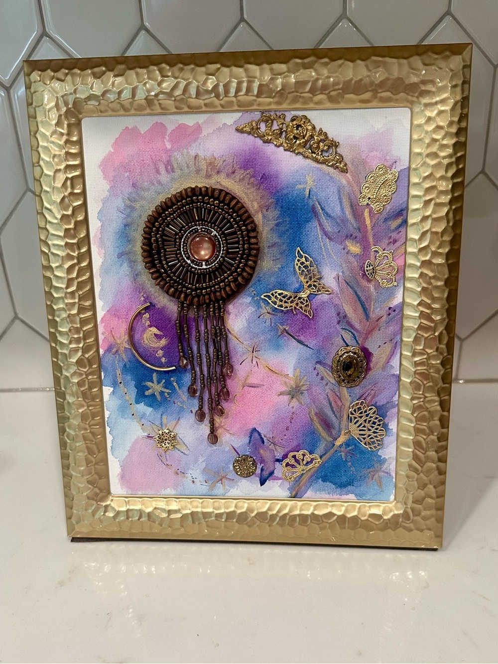 Hand Crafted Framed Mixed Media Art 8x10 Vintage Jewelry Celestial Dreamcatcher